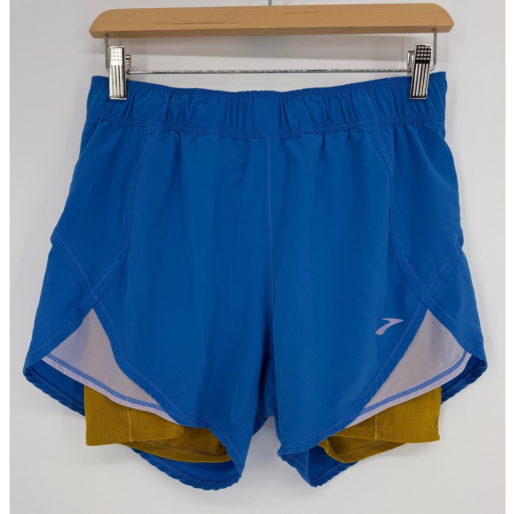 Brooks Run Happy Shorts Mens M 2-in-1 Blue Gold Running Athletic Training Flaw